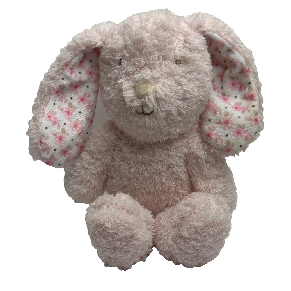 Pink Bunny Rabbit Plush Flowered Ears Sewn Eyes Soft Stuffed Animal 10" Floral